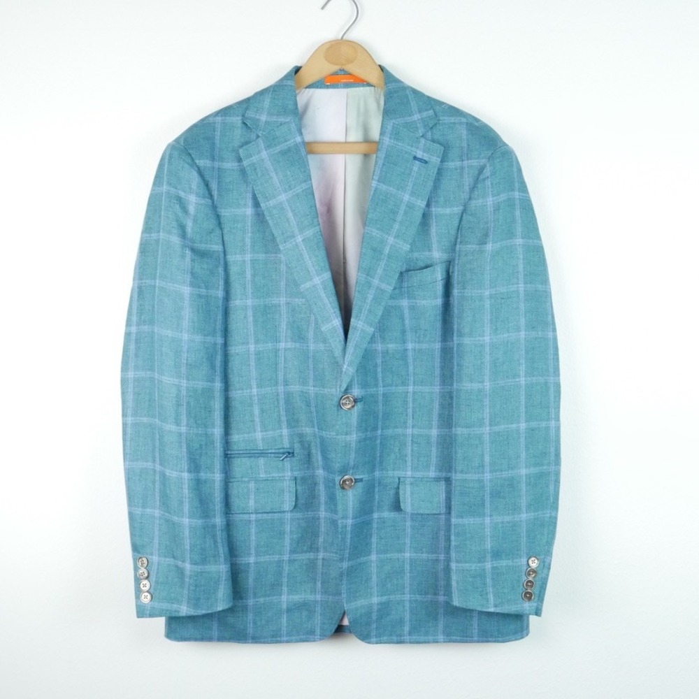Tallia Men's 100% Linen Teal Blue Windowpane Plaid Sport Coat Jacket Blazer 40R